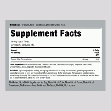 Supplement Facts panel for Vitamin K tablets, 100 mcg, 240 count.