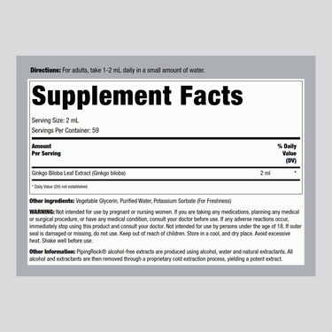 Supplement Facts label showing details for Ginkgo Biloba Liquid Extract.