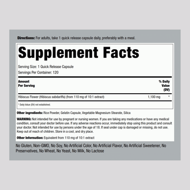 Image of Supplement Facts panel showing details for Hibiscus flower 1100 mg, 120 capsules.