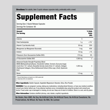 Advanced Double Strength Glucosamine Chondroitin MSM Plus Turmeric, 180 Quick Release Capsules