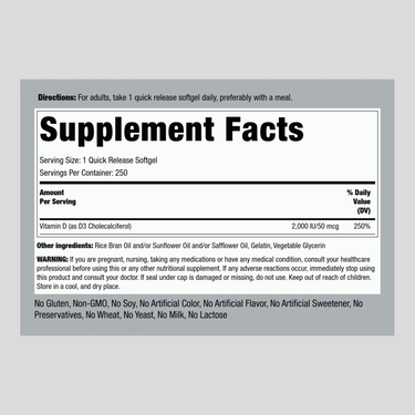 High Potency Vitamin D3, 2000 IU, 250 Quick Release Softgels