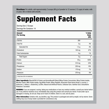 Supplement Facts panel for MuscleFit Protein Vanilla Ice Cream 2lb, detailing ingredients and nutritional information.