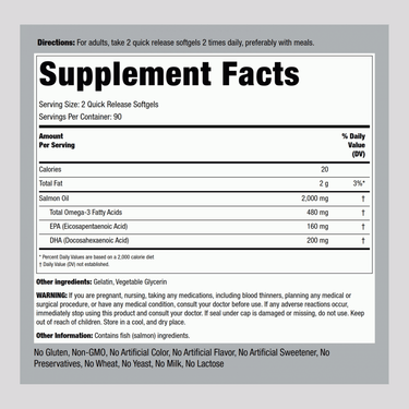 Salmon Oil 1000 mg Virgin Wild Alaskan Full Range, 180 Quick Release Softgels
