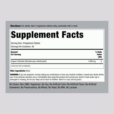 Supplement Facts for Organic Chlorella 1000mg Tablets, 120 count.
