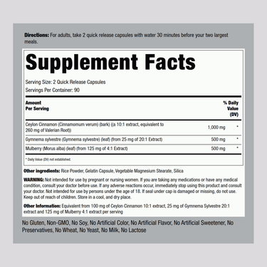 Supplement Facts label showing ingredients: Cinnamon, Gymnema, Mulberry Capsules, 180 count.