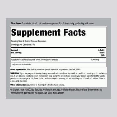 Image showing the Supplement Facts panel for Yucca 1000mg, 100 Capsules.