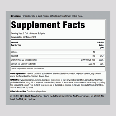 Absorbable Calcium 1200 mg Plus D3 5000 IU (per serving), 240 Quick Release Softgels