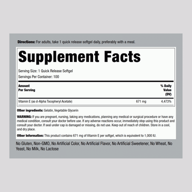 Supplement Facts panel showing information for Natural E-1000 IU d-alpha Softgels, 100 count.