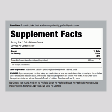 Supplement Facts panel showing details for Chaga Mushroom 600 mg, available in a bottle of 180 capsules.