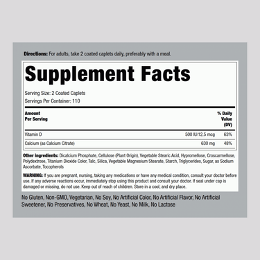Calcium Citrate 630 mg (per serving) Plus D3 500 IU, 220 Coated Caplets