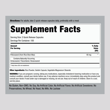 Ultra Policosanol 40 mg Capsules Supplement Facts panel displayed.