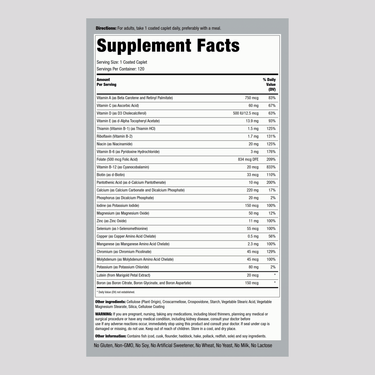 Supplement Facts panel for ABC Advanced Senior Coated Caplets, containing 120 caplets with detailed ingredient and nutrient information.