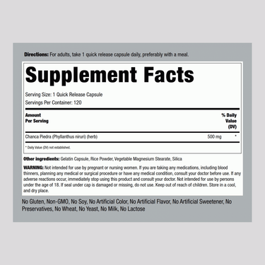 Chanca Piedra (Phyllanthus niruri), 500 mg, 120 Quick Release Capsules