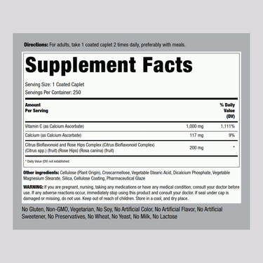 Buffered C 1000 mg with Bioflavonoids & Wild Rose Hips, 250 Coated Caplets