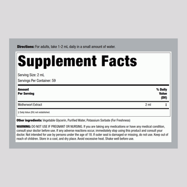 Label showing Supplement Facts for Motherwort Liquid Extract with detailed ingredient and nutrition information.