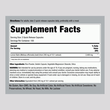 Image of the Supplement Facts panel for Melissa (Lemon Balm) 2400 mg, 200 capsules.