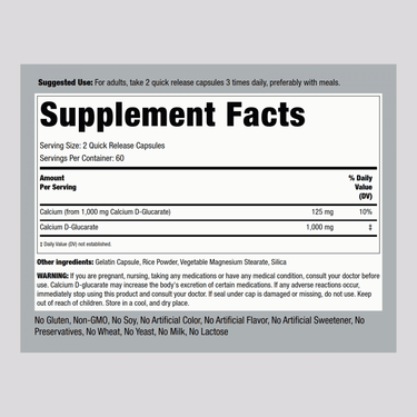 Calcium D-Glucarate, 1000 mg (per serving), 120 Quick Release Capsules