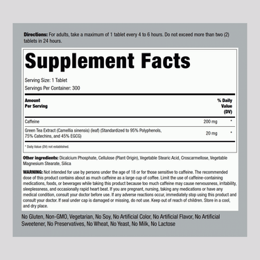 Caffeine Plus Green Tea, 220 mg, 300 Tablets