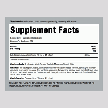 Supplement Facts label for a bottle of Kale 800 mg with 120 capsules.