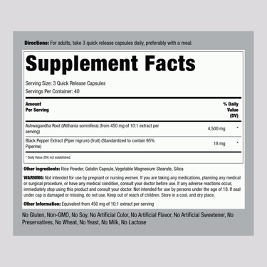 Image of the Supplement Facts panel for Ashwagandha 4500 mg, 120 Capsules, displaying ingredient information and nutritional details.