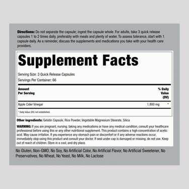 Apple Cider Vinegar 1800 mg Capsules Supplement Facts panel displayed.