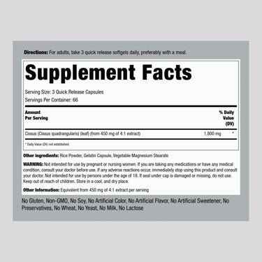 Image of the Supplement Facts panel detailing 1800 mg Cissus in 200 capsules.
