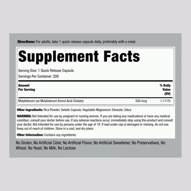 Molybdenum, 500 mcg, 200 Quick Release Capsules
