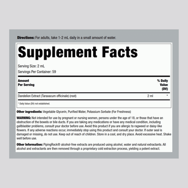 Dandelion Liquid Extract Alcohol Free, 4 fl oz (118 mL) Dropper Bottle