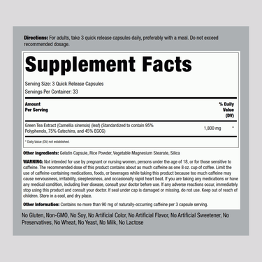 EGCG Green Tea Standardized Extract, 1800 mg (per serving), 100 Quick Release Capsules