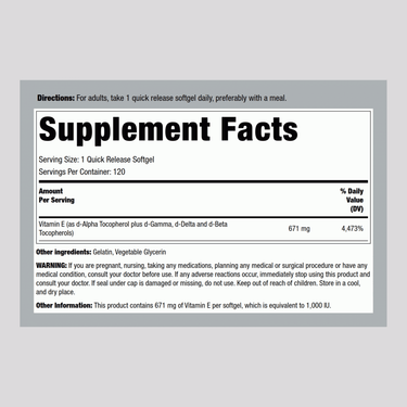 Supplement Facts panel for PIP E 1000 IU plus Mixed Toco, 120 softgels, displayed in clear detail for consumer information.