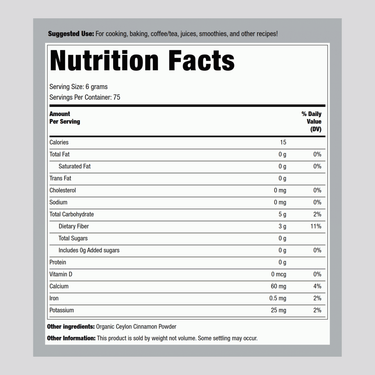 Ceylon Cinnamon Powder (Organic), 1 lb (454 g) Bag