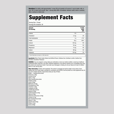 Supplement Facts panel for WheyFit Isolate Vanilla 2 lbs, detailing nutritional information and ingredients.