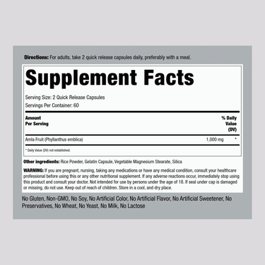 Supplement Facts panel for Amla Fruit (Indian Gooseberry) Capsules, 120 count, displaying nutritional information.