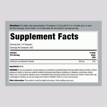 Supplement Facts for Potassium Citrate Powder, 16 oz.