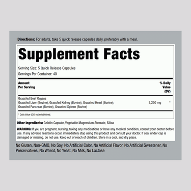 Grass Fed Beef Organs, 3250 mg (per serving), 200 Quick Release Capsules