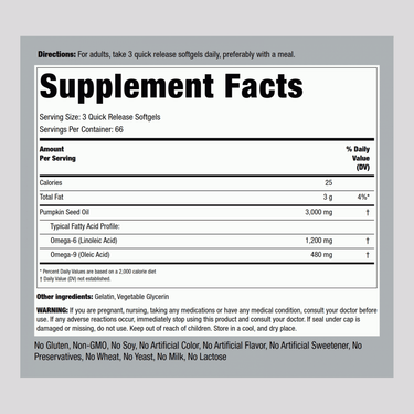 Pumpkin Seed Oil, 3000 mg (per serving), 200 Quick Release Softgels