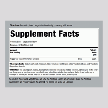 Chelated Copper (Amino Acid Chelate), 2 mg, 300 Tablets