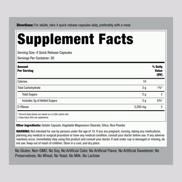 D-Ribose 100% Pure, 3200 mg (per serving), 120 Quick Release Capsules