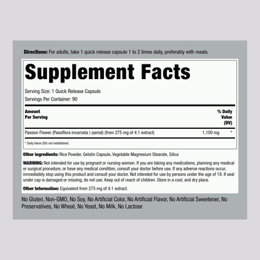 Image showing the Supplement Facts panel for Passion Flower 1100 mg Capsules, 90 count.