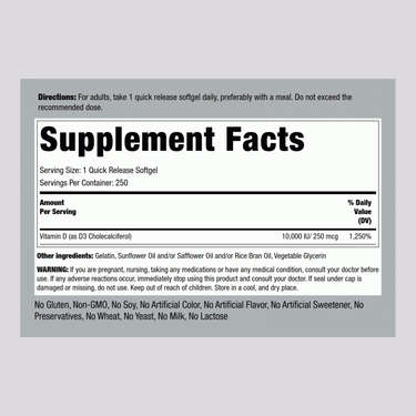 High Potency Vitamin D3, 10,000 IU, 250 Quick Release Softgels