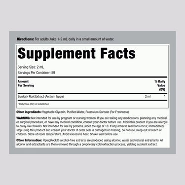 Supplement Facts panel for Burdock Root Liquid Extract, Alcohol-Free, 4 fl oz (118mL).