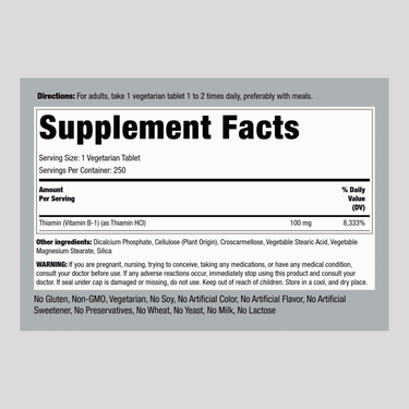 B-1 (Thiamin), 100 mg, 250 Vegetarian Tablets