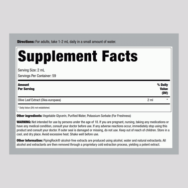 Image shows the Supplement Facts panel for Olive Leaf Liquid Extract AF 4 fl oz (118mL).