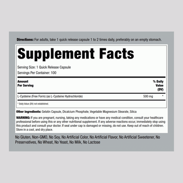 L-Cysteine, 500 mg, 100 Quick Release Capsules