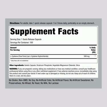 L-Cysteine, 500 mg, 100 Quick Release Capsules