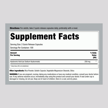 Hyaluronic Acid, 250 mg (per serving), 200 Quick Release Capsules