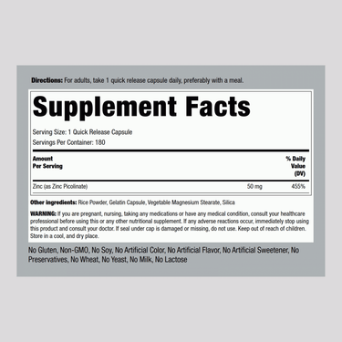 Zinc Picolinate (High Absorption Zinc), 50 mg, 180 Quick Release Capsules