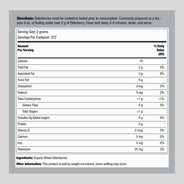 A complete view of the Supplement Facts panel for ElderBerries Whole European (Organic) 1 lb.