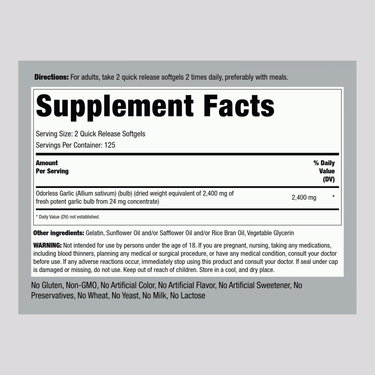 Odorless Garlic, 2400 mg (per serving), 250 Quick Release Softgels