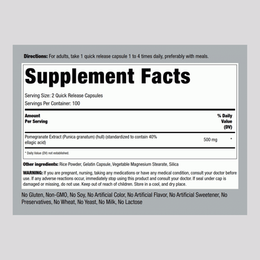 Pomegranate Extract (Standardized), 500 mg (per serving), 200 Quick Release Capsules